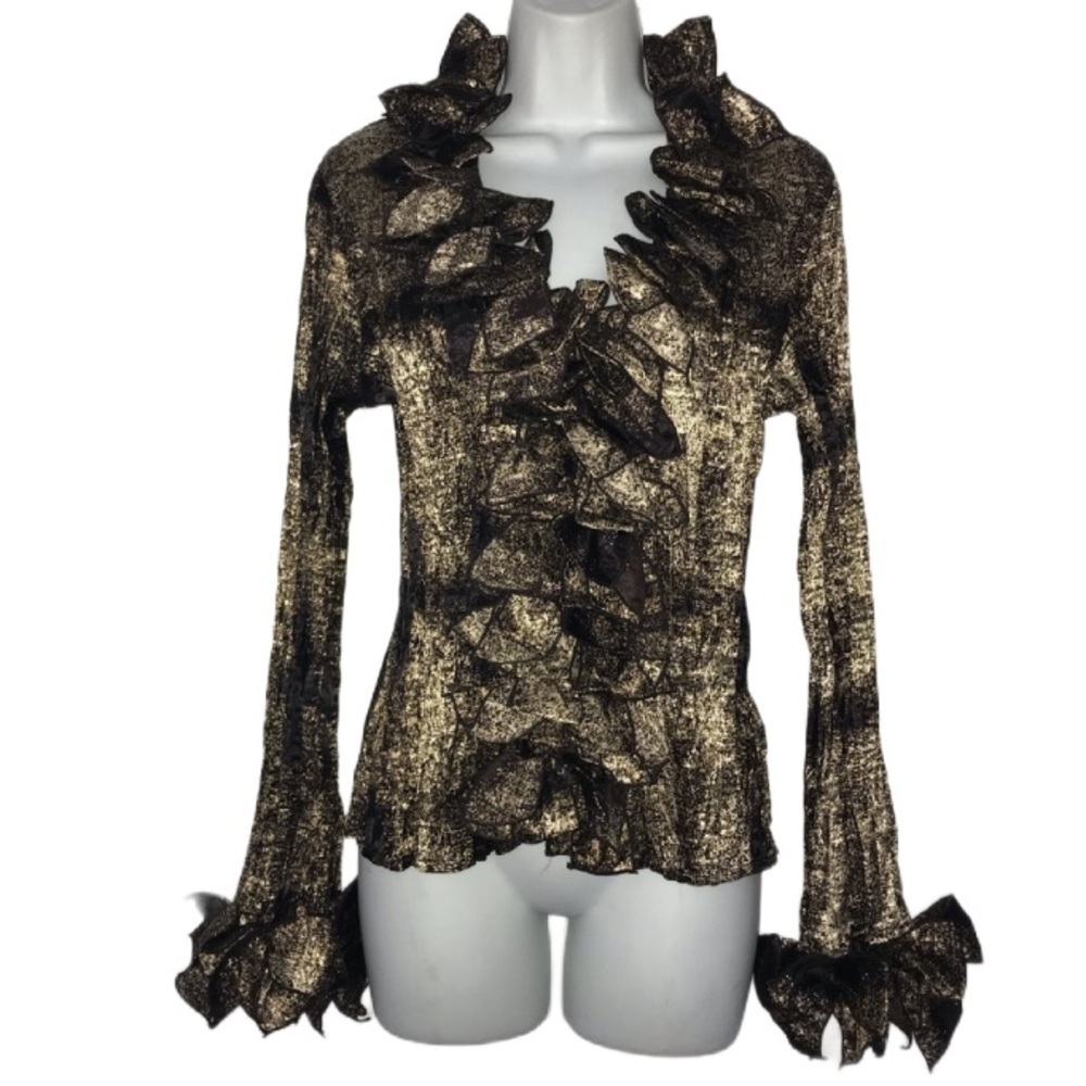 Lindi Crinkle Ruffle Gold Black Long Sleeve  Zip Front Top M Goth*